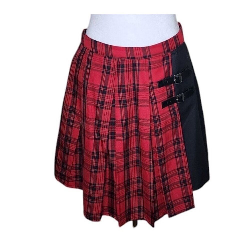 Hot Topic Plaid Buckle Short Skirt Womens Size XL Red Black Punk Goth School Gir